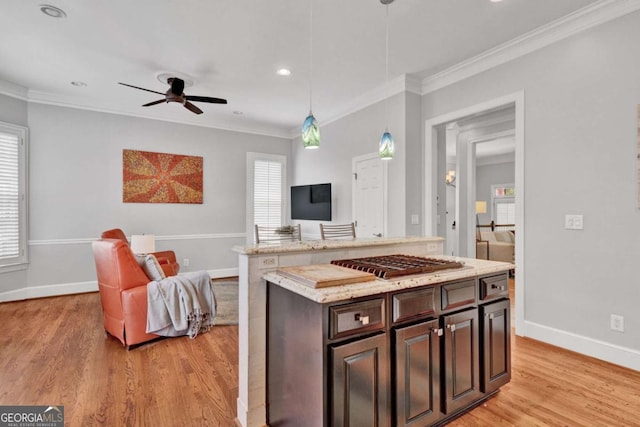 kitchen with open floor plan, a ceiling fan, crown molding, light wood-style flooring, and baseboards