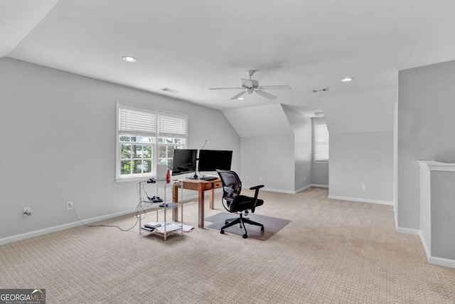 office with vaulted ceiling, light carpet, ceiling fan, baseboards, and recessed lighting