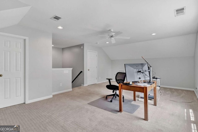 home office featuring carpet floors, vaulted ceiling, baseboards, a ceiling fan, and recessed lighting