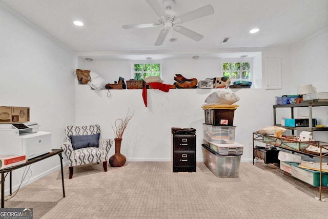 sitting room with ceiling fan, carpet floors, healthy amount of natural light, recessed lighting, and baseboards