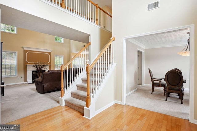 4549 Clarks Creek Ter, Ellenwood, GA 30294 - staircase featuring a towering ceiling, wood finished floors, baseboards, plenty of natural light, and carpet flooring