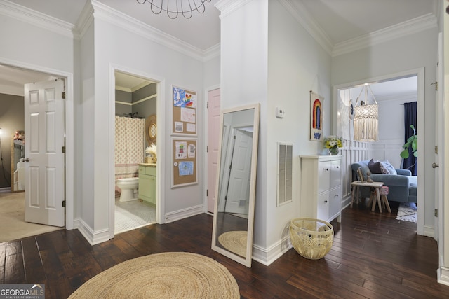 1199 Kenway Cir SE, Smyrna, GA 30082 - corridor with hardwood / wood-style floors, ornamental molding, a chandelier, and baseboards