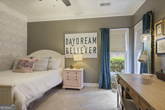 1199 Kenway Cir SE, Smyrna, GA 30082 - bedroom with crown molding, light colored carpet, baseboards, a ceiling fan, and wallpapered walls