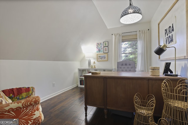 1199 Kenway Cir SE, Smyrna, GA 30082 - home office with lofted ceiling, dark wood-style floors, and baseboards