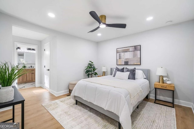 2781 Long Way, Decatur, GA 30032 - bedroom featuring baseboards, light wood-style flooring, recessed lighting, ceiling fan, and ensuite bathroom