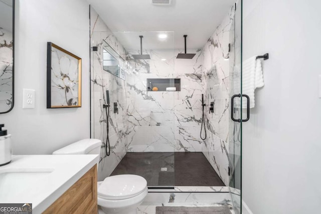2781 Long Way, Decatur, GA 30032 - bathroom featuring marble finish floors, a marble finish shower, toilet, and vanity