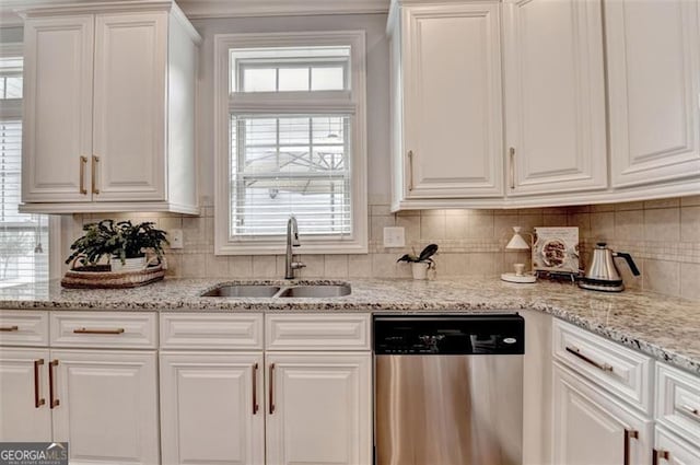 7435 Jamestown Dr, Alpharetta, GA 30005 - kitchen featuring dishwasher, white cabinets, decorative backsplash, and healthy amount of natural light