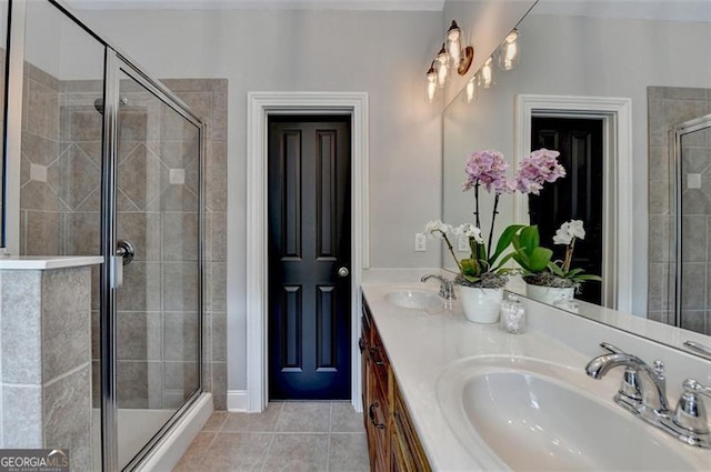 7435 Jamestown Dr, Alpharetta, GA 30005 - full bathroom featuring a shower stall, tile patterned floors, and double vanity