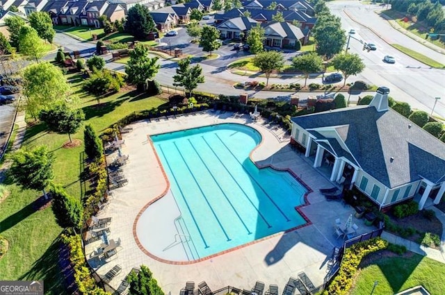 7435 Jamestown Dr, Alpharetta, GA 30005 - aerial perspective of suburban area featuring a pool area