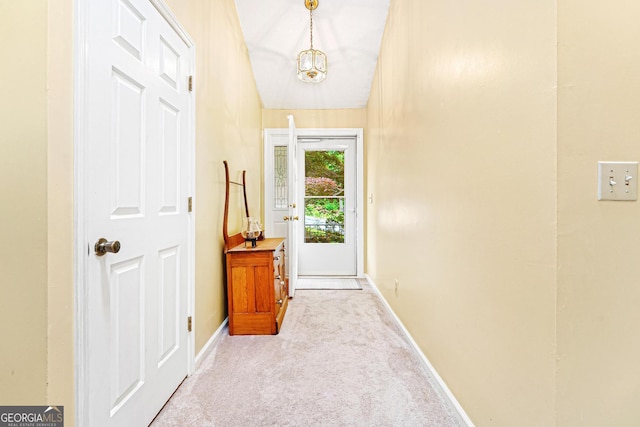 251 Cherokee Dr, Fair Play, SC 29693 - doorway to outside with carpet, baseboards, and a chandelier