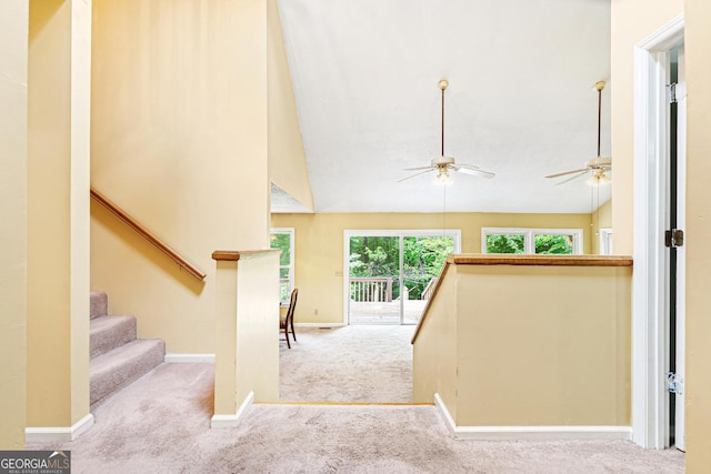 251 Cherokee Dr, Fair Play, SC 29693 - stairs with carpet flooring, ceiling fan, and baseboards