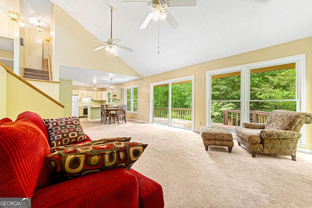 251 Cherokee Dr, Fair Play, SC 29693 - carpeted living room featuring ceiling fan and high vaulted ceiling