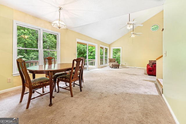 251 Cherokee Dr, Fair Play, SC 29693 - dining space featuring light carpet, baseboards, ceiling fan, and high vaulted ceiling