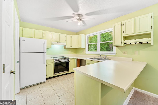 251 Cherokee Dr, Fair Play, SC 29693 - kitchen featuring freestanding refrigerator, range with electric stovetop, a sink, under cabinet range hood, and a peninsula