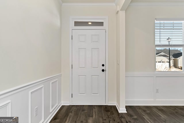 673 Graham Campbell Ln, Statham, GA 30666 - entrance foyer featuring a decorative wall, crown molding, dark wood finished floors, and a wainscoted wall