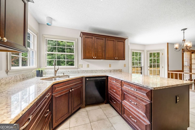 1387 Wynford Gate SW, Marietta, GA 30064 - kitchen with black dishwasher, a sink, a peninsula, a textured ceiling, and plenty of natural light