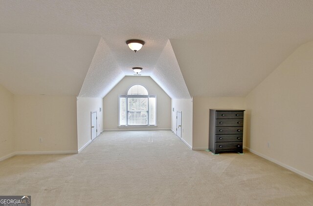 44 Arbor Way, Newnan, GA 30265 - additional living space with light carpet, vaulted ceiling, baseboards, and a textured ceiling