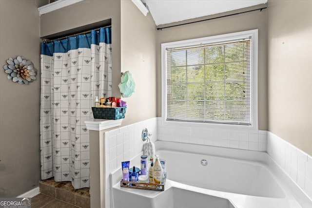 995 Chimney Trace Way, Lawrenceville, GA 30045 - bathroom with a garden tub and curtained shower