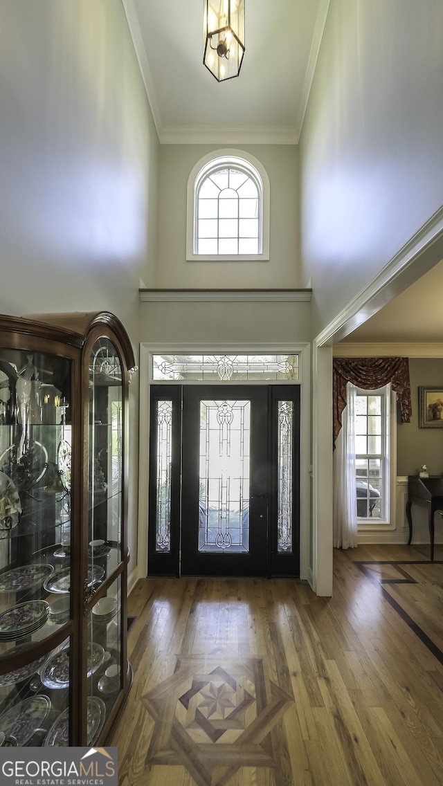 entryway featuring ornamental molding, plenty of natural light, wood finished floors, and a towering ceiling