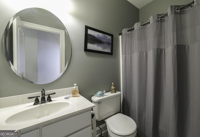 full bathroom with vanity, toilet, and a shower with curtain