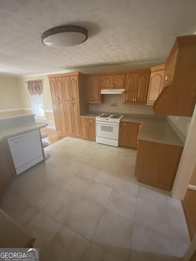 1669 Azalea Dr, Lawrenceville, GA 30043 - kitchen featuring white appliances, under cabinet range hood, a textured ceiling, and light countertops