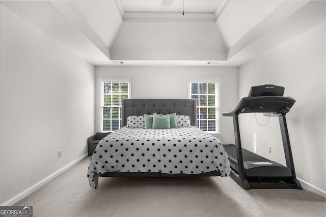 7049 Bennington Ln, Cumming, GA 30041 - carpeted bedroom featuring multiple windows, ornamental molding, a tray ceiling, and vaulted ceiling