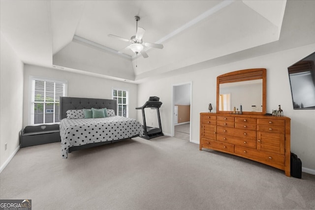 7049 Bennington Ln, Cumming, GA 30041 - bedroom featuring carpet, a raised ceiling, lofted ceiling, and a ceiling fan