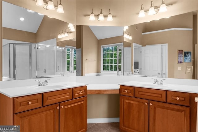 7049 Bennington Ln, Cumming, GA 30041 - full bathroom featuring tile patterned flooring, a shower stall, vanity, and lofted ceiling