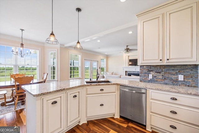 236 Woodland Trail Rd, Cochran, GA 31014 - kitchen featuring stainless steel dishwasher, ornamental molding, a peninsula, decorative backsplash, and a chandelier