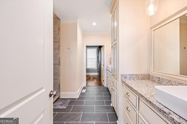 236 Woodland Trail Rd, Cochran, GA 31014 - bathroom with ornamental molding, vanity, tile patterned floors, and recessed lighting