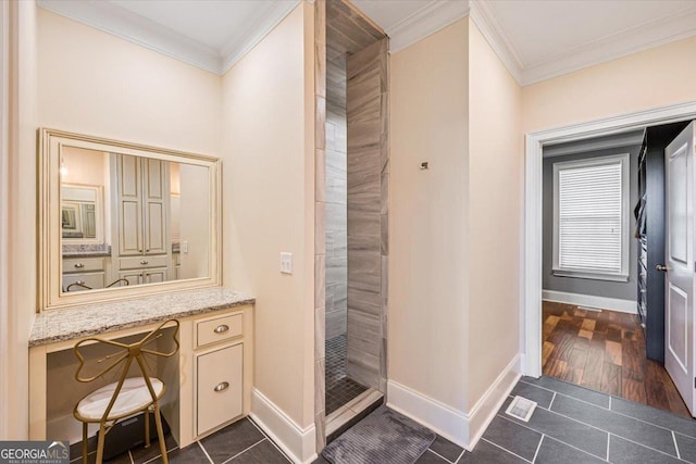 236 Woodland Trail Rd, Cochran, GA 31014 - full bathroom with tiled shower, ornamental molding, tile patterned floors, and vanity