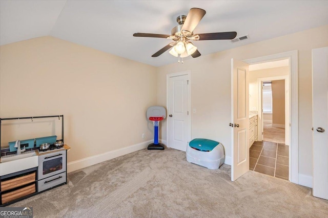 236 Woodland Trail Rd, Cochran, GA 31014 - recreation room featuring carpet floors, a ceiling fan, and lofted ceiling