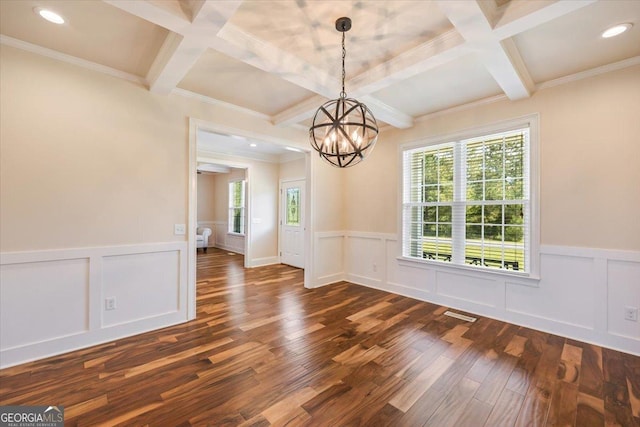 236 Woodland Trail Rd, Cochran, GA 31014 - spare room with coffered ceiling, dark wood finished floors, plenty of natural light, beamed ceiling, and a decorative wall
