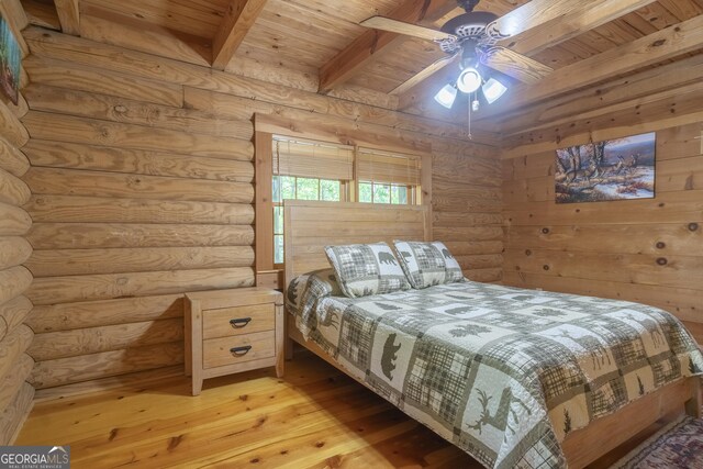 451 Pinecrest Rd, Sautee Nacoochee, GA 30571 - bedroom with wood ceiling, beam ceiling, light wood finished floors, log walls, and a ceiling fan