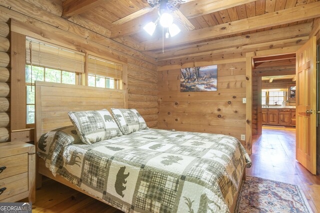 451 Pinecrest Rd, Sautee Nacoochee, GA 30571 - bedroom featuring wood-type flooring, beamed ceiling, multiple windows, wood ceiling, and log walls