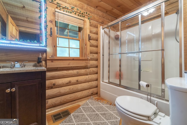 451 Pinecrest Rd, Sautee Nacoochee, GA 30571 - full bathroom with rustic walls, toilet, enclosed tub / shower combo, vanity, and wooden ceiling