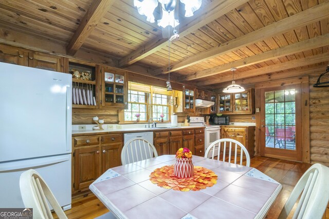 451 Pinecrest Rd, Sautee Nacoochee, GA 30571 - dining area featuring wood ceiling, light wood-style flooring, healthy amount of natural light, beamed ceiling, and rustic walls