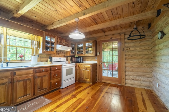 451 Pinecrest Rd, Sautee Nacoochee, GA 30571 - kitchen featuring white electric stove, under cabinet range hood, brown cabinets, wood ceiling, and light wood-style floors