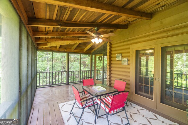 451 Pinecrest Rd, Sautee Nacoochee, GA 30571 - sunroom featuring healthy amount of natural light, french doors, beamed ceiling, and a ceiling fan