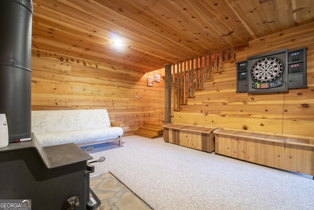 451 Pinecrest Rd, Sautee Nacoochee, GA 30571 - sitting room with wooden walls, wooden ceiling, carpet floors, and stairs