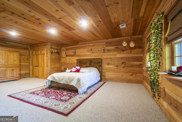 451 Pinecrest Rd, Sautee Nacoochee, GA 30571 - carpeted bedroom featuring wooden walls, wood ceiling, and recessed lighting