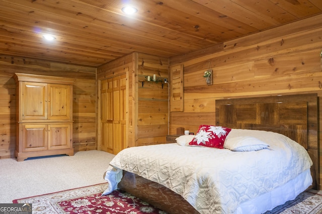 451 Pinecrest Rd, Sautee Nacoochee, GA 30571 - bedroom featuring wooden walls, recessed lighting, wooden ceiling, and carpet floors