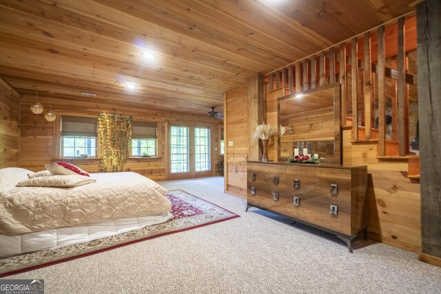 451 Pinecrest Rd, Sautee Nacoochee, GA 30571 - bedroom with wooden ceiling, wood walls, carpet, and recessed lighting