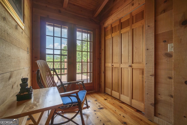 451 Pinecrest Rd, Sautee Nacoochee, GA 30571 - office space featuring wooden walls, wooden ceiling, light wood-type flooring, and beamed ceiling