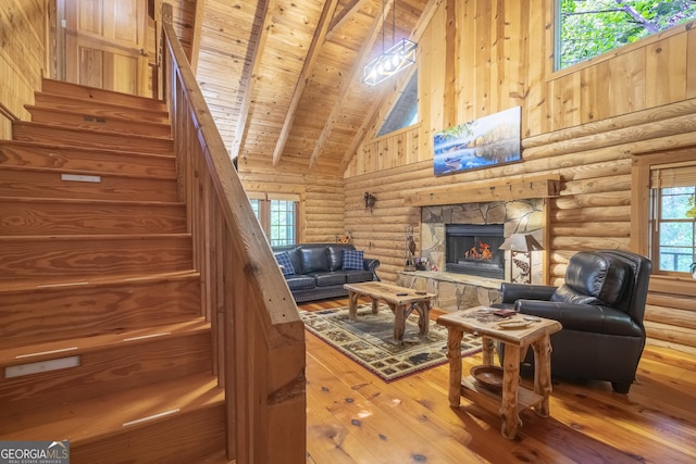 451 Pinecrest Rd, Sautee Nacoochee, GA 30571 - living room with high vaulted ceiling, hardwood / wood-style flooring, wooden ceiling, stairs, and log walls