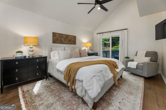 bedroom featuring access to outside, high vaulted ceiling, wood finished floors, a ceiling fan, and baseboards