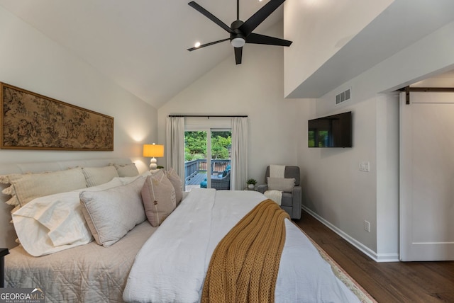 bedroom with high vaulted ceiling, access to outside, wood finished floors, baseboards, and ceiling fan