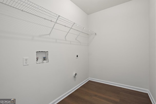221 Cutbank Ct SW, Atlanta, GA 30331 - laundry room with dark wood-style floors, electric dryer hookup, washer hookup, and baseboards