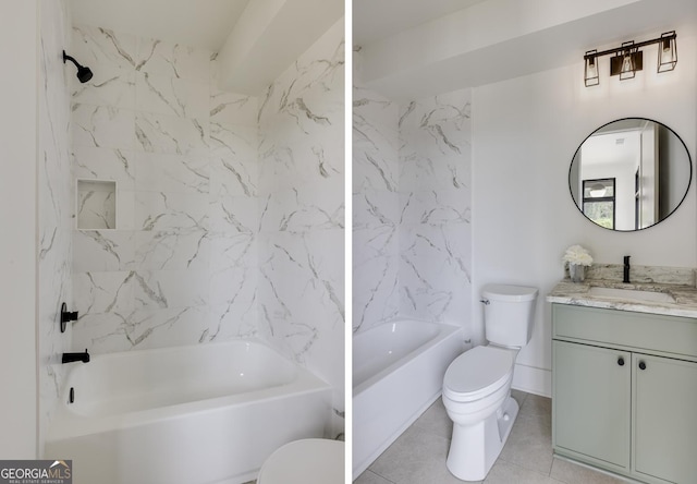 1954 8th St, Chamblee, GA 30341 - full bath featuring toilet, vanity, shower / washtub combination, and tile patterned floors