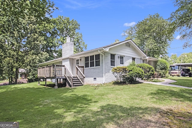 105 Tranquility Dr, Villa Rica, GA 30180 - view of front of home with a chimney, a deck, a front yard, brick siding, and crawl space